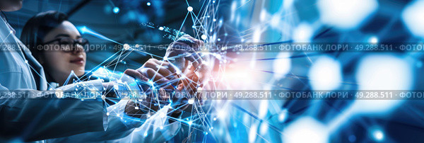 Researcher interacts with a futuristic holographic display of connected nodes and data points. Стоковое AI-изображение, AI-художник Данила Большаков / Фотобанк Лори