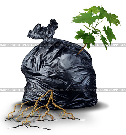 Resilient And determined concept as a green sapling tree with leaves and roots bursting out and breaking through from a garbage bag as a metaphor for the force of nature and poerful business determination and persistence for success. Стоковое фото, агентство Ingram Publishing / Фотобанк Лори