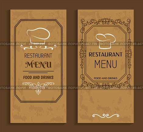 Restaurant menu with drinks and food templates. Menu of vintage design with chef hat logo. Prestigious restaurant menus covers vector illustrations.. Restaurant Menu with Drinks and Food Templates. Стоковая иллюстрация, агентство Ingram Publishing / Фотобанк Лори