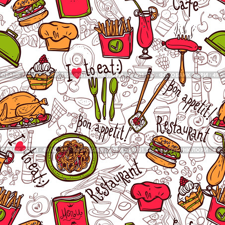 Restaurant symbols seamless pattern doodle sketch. Cafe bar fast food hamburger chips symbols seamless restaurant wrap paper pattern doodle sketch abstract vector illustration. Стоковая иллюстрация, агентство Ingram Publishing / Фотобанк Лори