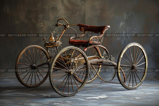Restored antique three wheeled motor car showcasing engineering history. Стоковое AI-изображение, AI-художник Иван Рябоконь / Фотобанк Лори