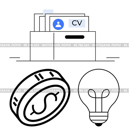 Resume box with CV document, coin with dollar sign, and light bulb. Ideal for career growth, job searching, personal development, finance, innovation entrepreneurship idea generation. Line metaphor. Resume Box with Currency Coin and Light Bulb Representing Career, Success, and Ideas. Стоковая иллюстрация, агентство Ingram Publishing / Фотобанк Лори