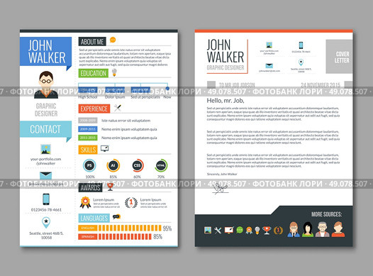 Resume cv template. Two pages job candidate cv template with work experience resume vector illustration. Стоковая иллюстрация, агентство Ingram Publishing / Фотобанк Лори