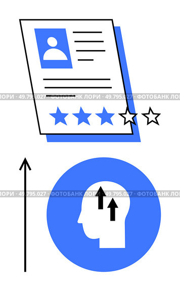 Resume with stars silhouette head with upward arrows upward arrow. Ideal for career growth, skill enhancement, personal development, motivation, job search, performance evaluation, progress. Line. Enhancing Personal Growth and Career Advancement through Skill Development. Стоковая иллюстрация, агентство Ingram Publishing / Фотобанк Лори