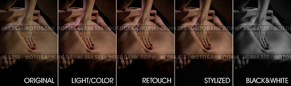 Retouching process pictures before and after skin processing. Collage set of woman back massaging before and after retouch by photo editors. Edited photos being compared concept. Copy ad text space. Стоковое фото, фотограф Aleksandr Golubev / Фотобанк Лори