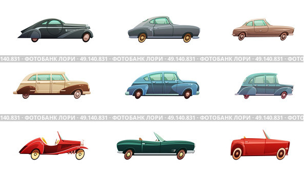 Retro Car Set. Retro car set of classic sport and convertible side view models of middle of twentieth century isolated vector illustration. Стоковая иллюстрация, агентство Ingram Publishing / Фотобанк Лори