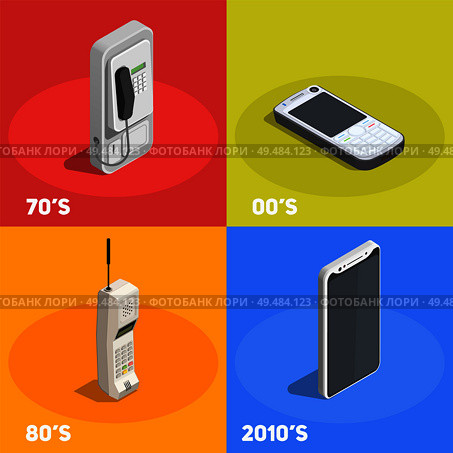 Retro devices 2x2 design concept with telephones from various decades isolated on colorful background 3d vector illustration. Стоковая иллюстрация, агентство Ingram Publishing / Фотобанк Лори