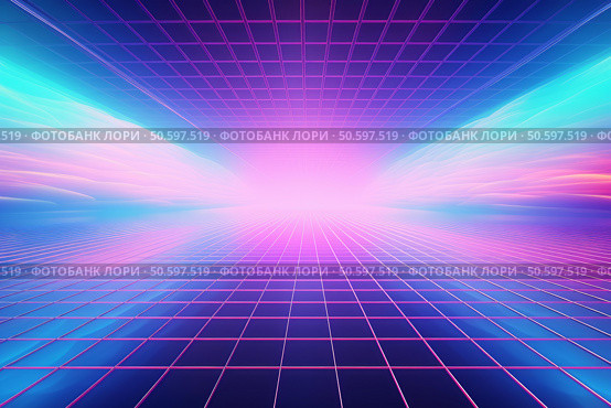 Retro futuristic grid landscape vanishing in bright light. Стоковое AI-изображение, AI-художник Иван Рябоконь / Фотобанк Лори