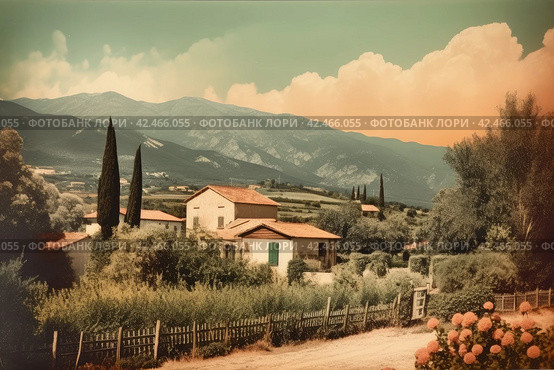 Retro italian landscape view. Generate Ai. Стоковое AI-изображение, AI-художник Иван Рябоконь / Фотобанк Лори
