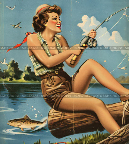 Retro pin-up illustration of a smiling girl enthusiastically fishing against the backdrop of a lake. She is sitting on a log, wearing a sleeveless plaid shirt and high-waisted shorts. Bright makeup, a red bow and a vintage hairstyle emphasize the classic aesthetics of the 1950s. The energetic mood, dynamics and cheerfulness make the image ideal for advertising, magazines, posters and retro-inspired designs. Стоковое AI-изображение, AI-художник Анна Кривицкая / Фотобанк Лори