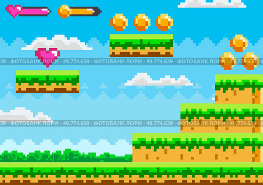 Retro pixel art scene shows a platform game level with floating grass tiles, heart icon, and gold coins against a bright blue sky. Ideal for nostalgic gamers, video game themes, game design, retro. Retro Pixel Art Platform Game Level with Floating Coins and Heart. Стоковая иллюстрация, агентство Ingram Publishing / Фотобанк Лори
