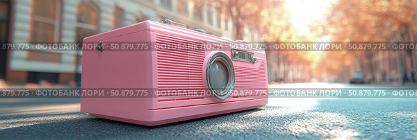 Retro roadtrip: Nostalgic pink radio on a vintage route, sunshine filtering through trees, evoking feelings of freedom and summertime bliss. Стоковое AI-изображение, AI-художник Данила Большаков / Фотобанк Лори
