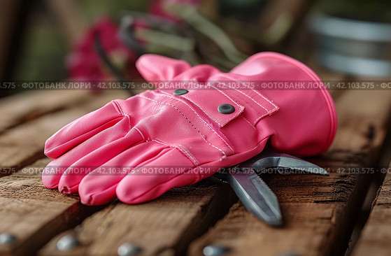 reversible pink gardening gloves and pliers on wooden table with wood background. Стоковое AI-изображение, AI-художник Юлия Гапеенко / Фотобанк Лори