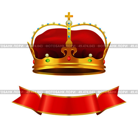 Ribbon and crown set of icons. Royal regal sign of power with gemstones precious stones and diamonds. Stripe banner with edges isolated  vector. Ribbon and Crown Set Icons Vector Illustration. Стоковая иллюстрация, агентство Ingram Publishing / Фотобанк Лори