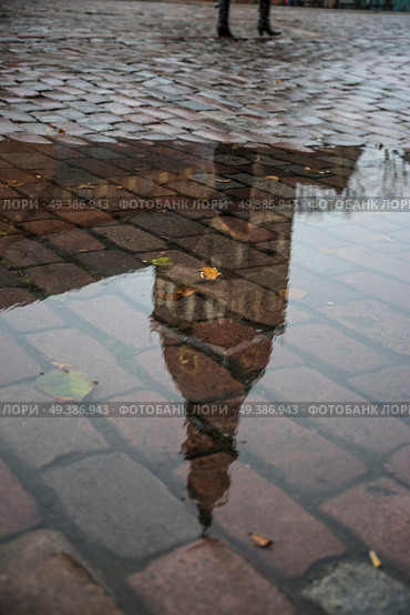 Riga Church of St. Peter . in the autumn after a rain in puddles the buildings are reflected. Стоковое фото, агентство Ingram Publishing / Фотобанк Лори