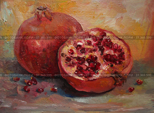 Ripe pomegranates on the golden background, oil painting. Стоковая иллюстрация, иллюстратор Aleksandra Serova / Фотобанк Лори