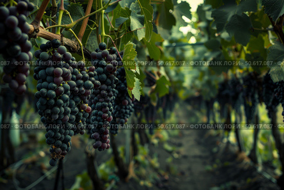 Ripe purple grapes hanging in vineyard, ready for harvest. Стоковое AI-изображение, AI-художник Иван Рябоконь / Фотобанк Лори