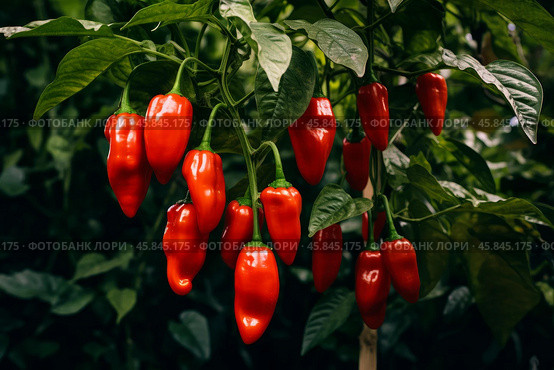 Ripe red chili peppers growing on plant. Стоковое AI-изображение, AI-художник Иван Рябоконь / Фотобанк Лори