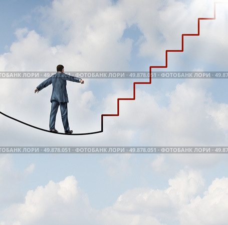 Risk solutions and adapting to change as a business idea with a businessman walking on a dangerous high wire tightrope that transforms into a red staircase leading to a clear path to future opportunity and success. Стоковое фото, агентство Ingram Publishing / Фотобанк Лори