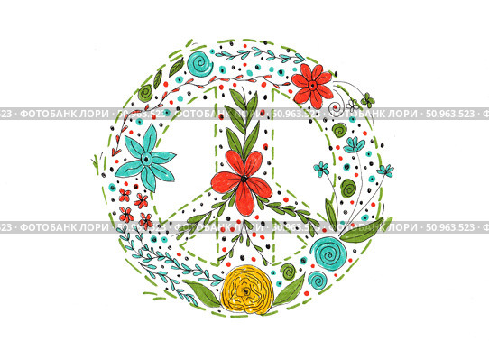 Рисунок маркерами, знак мира в стиле хиппи, хиппи дизайн, ручная работа маркерами. Стоковая иллюстрация, иллюстратор Luizavictorya72 / Фотобанк Лори