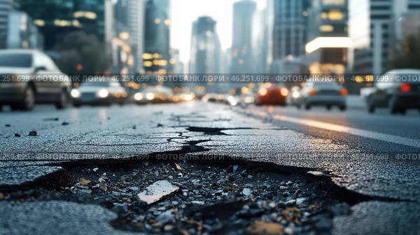 Road damage in a busy urban street highlighted by fractures and traffic congestion. Стоковое AI-изображение, AI-художник Александр Довянский / Фотобанк Лори