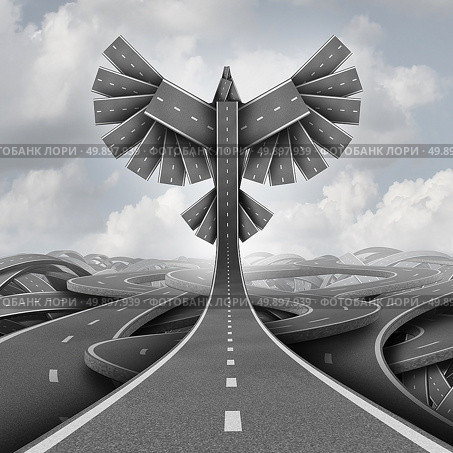 Road freedom concept as a group of highway paths grouped together shaped as flying bird wings as a business or life motivation success symbol of ascending upward breaking out of confusion towards opportunity as a 3D illustration. Стоковое фото, агентство Ingram Publishing / Фотобанк Лори