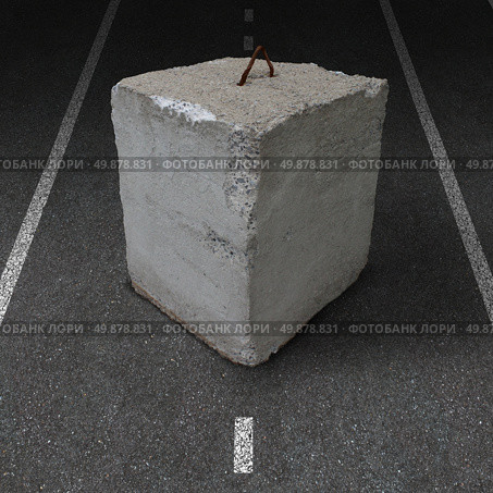 Roadblock obstacle and barrier business concept with a huge cement or concrete cube barricade blocking a road or highway as a symbol of restricted opportunity or political gridlock resulting in government or financial system shutdown. Стоковое фото, агентство Ingram Publishing / Фотобанк Лори
