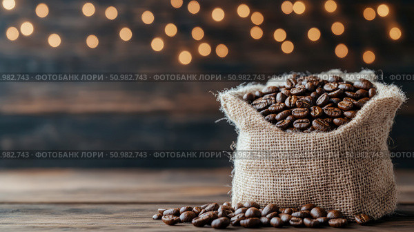 Roasted Coffee Beans in Burlap Sack on Wooden Table with Bokeh Lights. Стоковое AI-изображение, AI-художник Данила Большаков / Фотобанк Лори