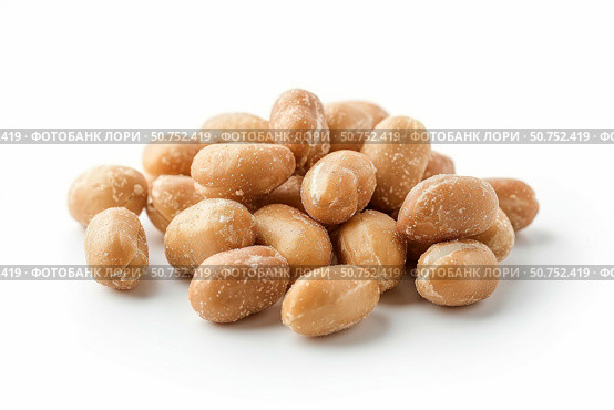 Roasted soybeans piled on white background, healthy snacking. Стоковое AI-изображение, AI-художник Иван Рябоконь / Фотобанк Лори
