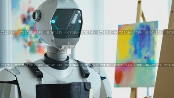 robot ai artificial intelligence is learning creativity by using a painter palette, doing a artwork, concept autonomous robot is going to be an artist. Стоковое AI-видео, аниматор ALLA YURTAYEVA / Фотобанк Лори