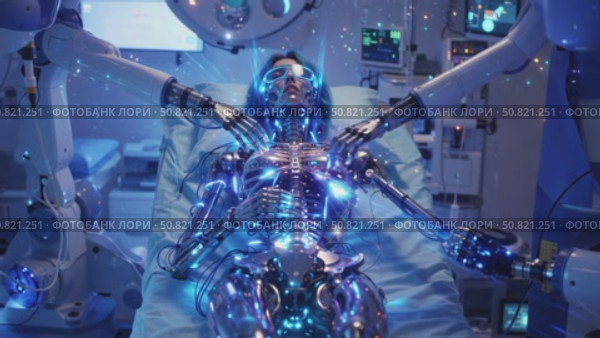 Робот-гуманоид на хирургическом столе с медицинскими роботами. Стоковое AI-видео, аниматор Виктория Кольцова / Фотобанк Лори