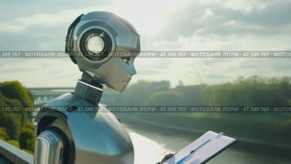 Robot on the seashore. Concept of artificial intelligence, hologram. AI, machine learning, neural network, robotics. Стоковое AI-видео, аниматор ALLA YURTAYEVA / Фотобанк Лори