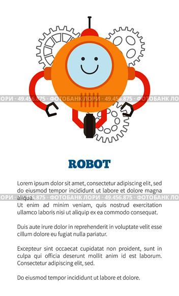 Robot poster and text sample, gears and droid with smile on face, intelligent creature and info vector illustration, isolated on white background. Robot Poster and Text Sample Vector Illustration. Стоковая иллюстрация, агентство Ingram Publishing / Фотобанк Лори