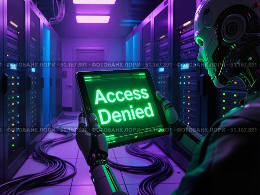 Робот в футуристическом дата-центре стоит с планшетом, на котором написано "Access Denied". / A robot in a futuristic data center stands with a tablet that says "Access Denied." Стоковое AI-изображение, AI-художник Валерий Лукин / Фотобанк Лори