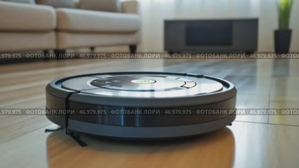 Robot Vacuum Cleaner cleaning the room. Robotic vacuum cleaner working. Cutting edge Smart Cleaner. Efficiently clean up of hardwood floors. New technologies, automatic assistant. Future technology. Стоковое AI-видео, аниматор Марина Демидюк / Фотобанк Лори