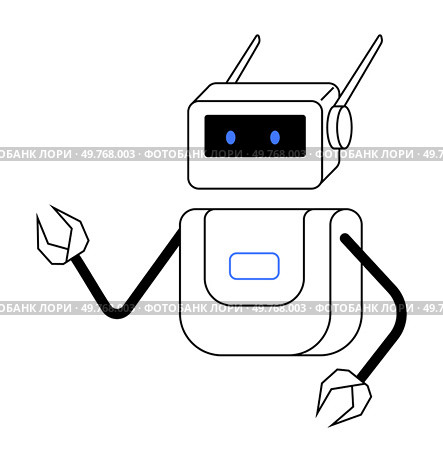Robot with a rectangular body, antennas, and claw-like hands. Its screen displays blue eyes. Ideal for technology, robotics, AI, futuristic themes, education, and children s illustrations. Simple. Friendly Robot with Antennas and Claw Hands on White Background. Стоковая иллюстрация, агентство Ingram Publishing / Фотобанк Лори