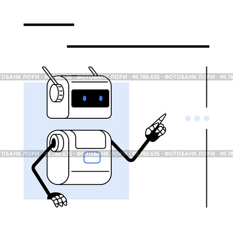 Robot with antennas black arms pointing finger, electronic eyes, and square torso in blue highlight. Ideal for tech, AI, robotics, education, communication, futuristic themes, and digital. Friendly Robot with Antennas Gesturing with Finger, Blue Highlighted, Black and White Outline. Стоковая иллюстрация, агентство Ingram Publishing / Фотобанк Лори
