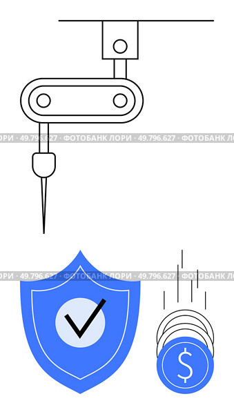 Robotic arm conducting precise operation, blue shield with check mark representing security, coins depicting financial growth. Ideal for industry, security, investment, automation, technology. Robotic Automation With Secure Transaction and Financial Growth Concepts. Стоковая иллюстрация, агентство Ingram Publishing / Фотобанк Лори