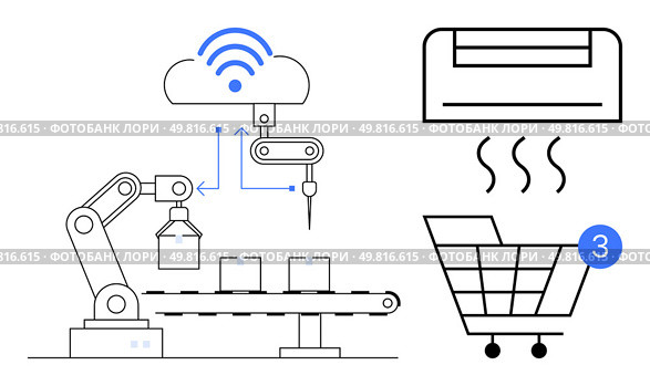 Robotic arm on a production line guided by cloud signals, air conditioning unit, shopping cart with notification. Ideal for automation, IoT, manufacturing, smart homes, retail industry 4.0 supply. Robotic arm controlling production line with cloud connectivity, air conditioning and shopping cart. Стоковая иллюстрация, агентство Ingram Publishing / Фотобанк Лори