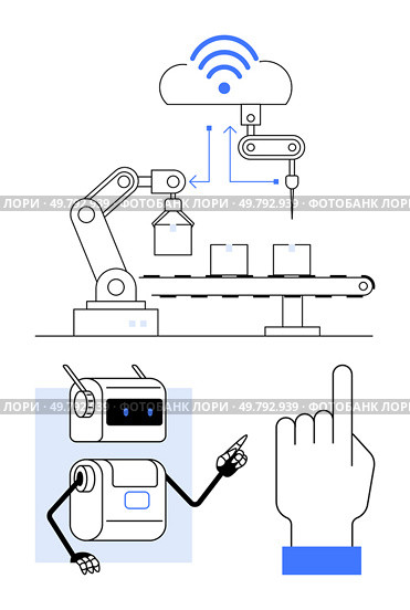 Robotic arm on conveyor cloud icon with signals robot with antenna, human hand pointing. Ideal for automation, robotics, IoT, manufacturing, AI, technology, remote control. Line metaphor. Robotic Automation with Cloud Integration for Streamlined Production and Remote Control. Стоковая иллюстрация, агентство Ingram Publishing / Фотобанк Лори