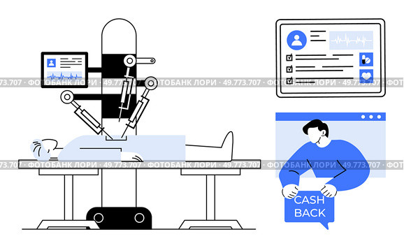 Robotic arms performing surgery on a patient, a medical monitor displaying vital signs, and a person showing a cashback notification. Ideal for healthcare, surgery, medical technology, finance. Advanced Robotic Surgery Monitoring with Cashback Incentive and Digital Interface. Стоковая иллюстрация, агентство Ingram Publishing / Фотобанк Лори