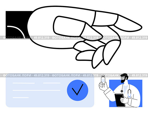 Robotic hand grasping small object, doctor holding medicine bottle while reviewing clipboard. Blue checklist with a checkmark. Ideal for healthcare, technology, robotics, medicine, AI, innovation. Robotic Handholding a Small Object, Doctor Holding Medicine Bottle with Checklist Overlay. Стоковая иллюстрация, агентство Ingram Publishing / Фотобанк Лори