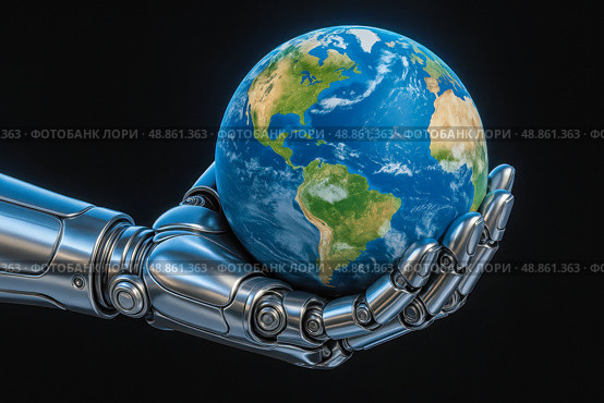 Robotic hand with artificial intelligence tightly holds planet Earth, symbolizing future control, global dominance, technological power, AI management, resource regulation, digital supremacy. Стоковое AI-изображение, AI-художник Павел Муравьев / Фотобанк Лори