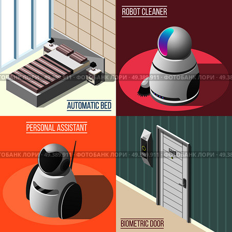 Robotized hotels 2x2 design concept set of biometric door automatic bed robot cleaner and personal assistant isometric icons vector illustration. Robotized Hotels 2x2 Design Concept. Стоковая иллюстрация, агентство Ingram Publishing / Фотобанк Лори