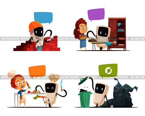 Robots assistance 4 cartoon icons concept square with artificial intelligence friends and household chores managers isolated vector illustration .  Robots Assistance Concept 4 Icons . Стоковая иллюстрация, агентство Ingram Publishing / Фотобанк Лори