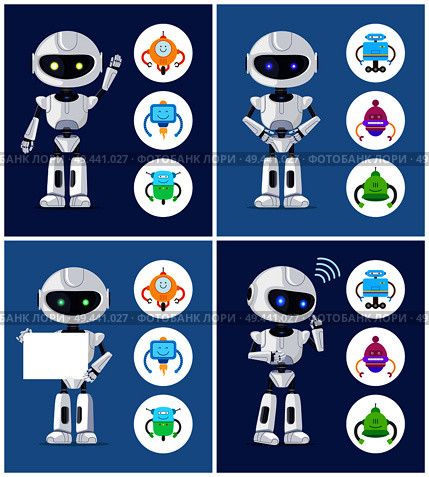Robots collection and icons with humanoids, robots set and frame, thinking creature, waving and showing white board isolated on vector illustration. Robots Collection and Icons Vector Illustration. Стоковая иллюстрация, агентство Ingram Publishing / Фотобанк Лори