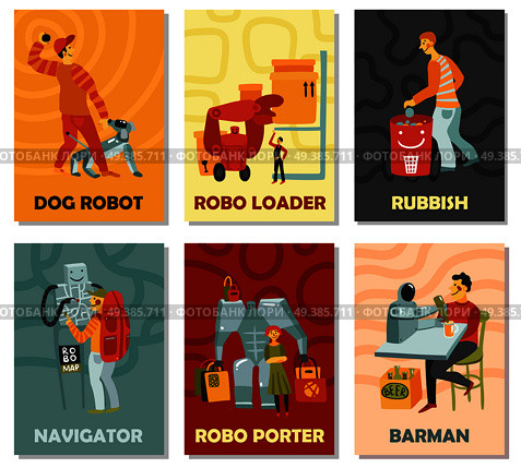 Robots with duties dog, trash can, navigator, barman, porter, vertical cards on color background isolated vector illustration  . Robots Vertical Cards. Стоковая иллюстрация, агентство Ingram Publishing / Фотобанк Лори