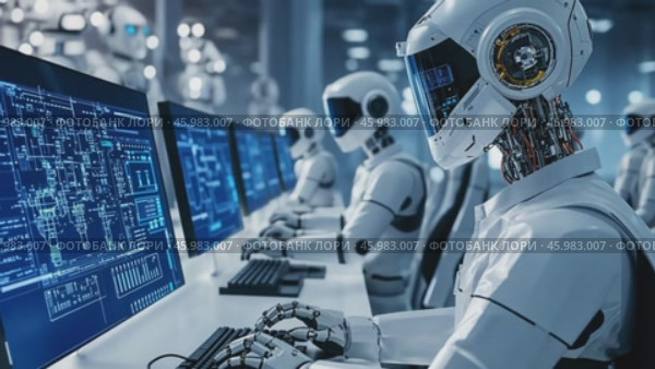 Robots working on computers in futuristic office. Стоковое AI-видео, аниматор Юрий Поздников / Фотобанк Лори