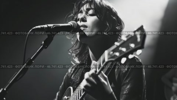 Rock female singer with guitar and microphone performing on stage. Black and white. Стоковое AI-видео, аниматор Елена Никишина / Фотобанк Лори