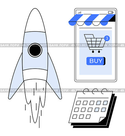 Rocket launching, mobile storefront with shopping cart and Buy button, plus a calendar. Ideal for startup businesses, e-commerce, mobile apps, business growth, and online shopping. Minimalist vector. Online Shopping Startup Concept Rocket Launch, Mobile Storefront and Calendar. Стоковая иллюстрация, агентство Ingram Publishing / Фотобанк Лори